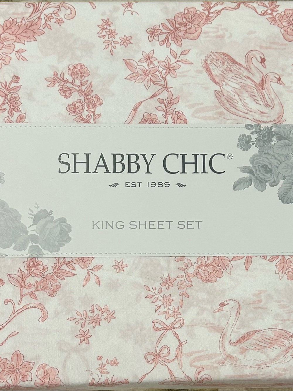 Shabby Chic KING Sheet Set Pink White Swan Toile Floral 4 Piece Microfiber NEW